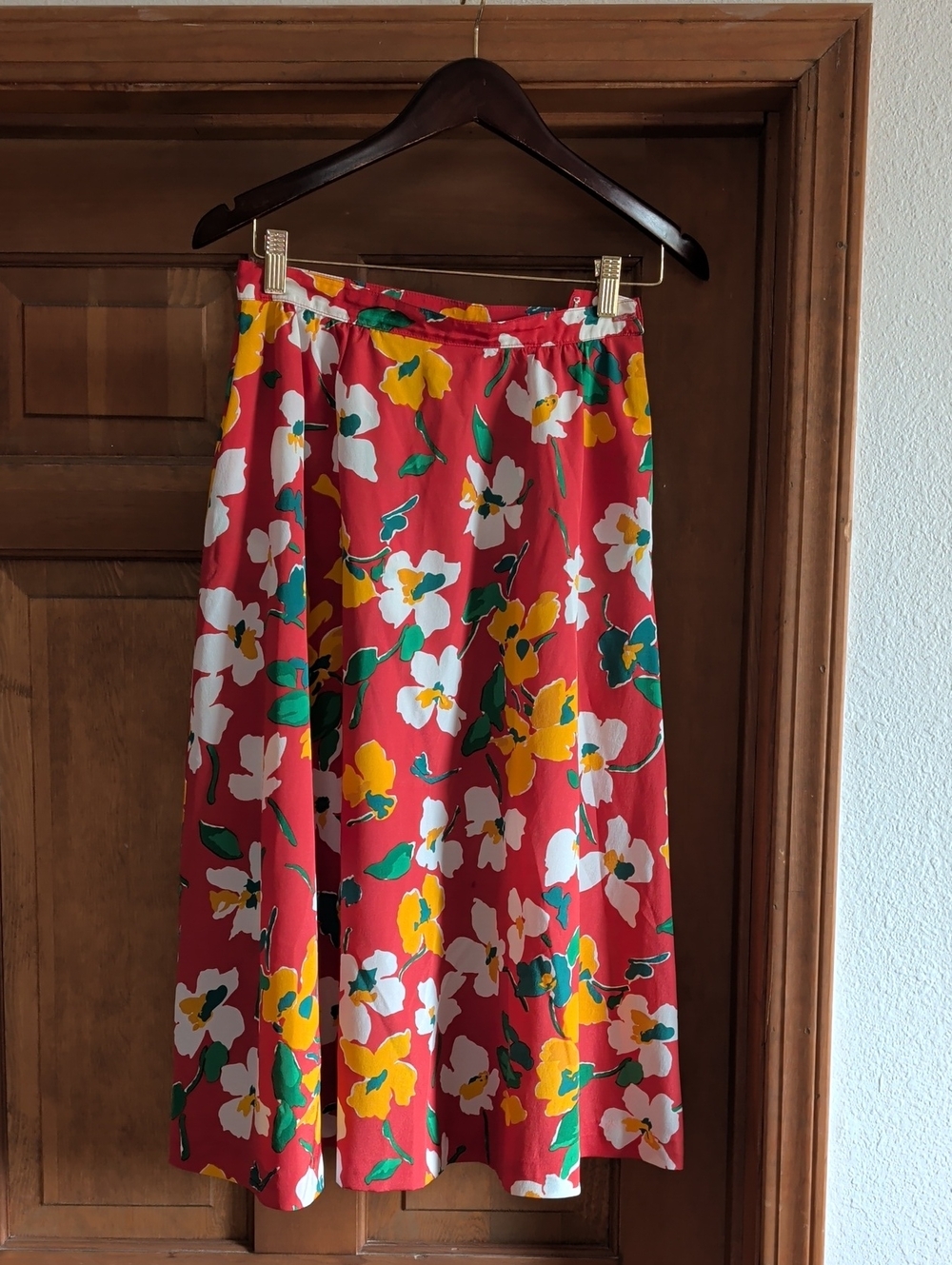 Red Floral A-Line Midi Skirt with Yellow & White Blooms